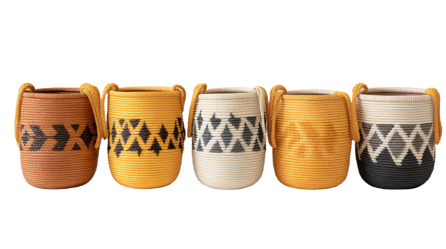 Set of Bohemian Patterned Woven Baskets on transparent background