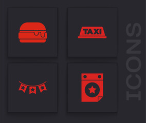 Set Calendar with date July 4, Burger, Taxi car roof and Carnival garland flags icon. Vector