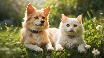 A charming scene of a dog and cat snuggled together on a lush green field under the warm spring sun, envisioned by Chiew Generative AI