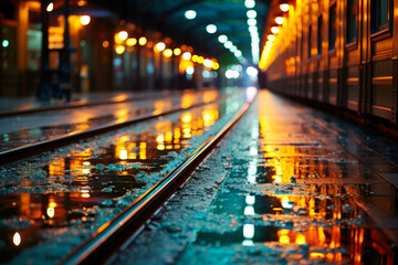 Rainy Night Reflections on City Train Platform.