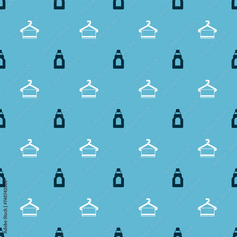 Poster set bottle for cleaning agent and towel on hanger on seamless pattern. vector