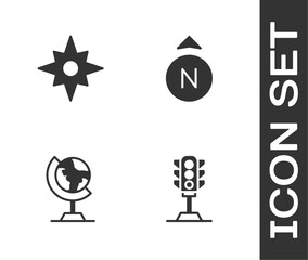 Set Traffic light, Wind rose, Earth globe and Compass icon. Vector
