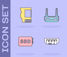 Set RAM, random access memory, SD card, SSD and Router wi-fi signal icon. Vector