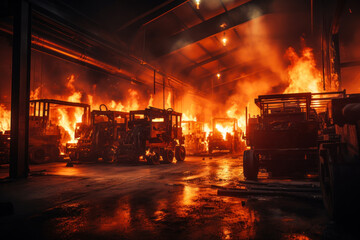 Fierce Inferno Raging in Industrial Facility. - obrazy, fototapety, plakaty