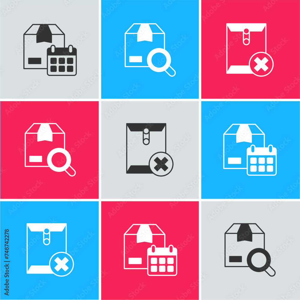 Poster set cardboard box with calendar, search package and delete envelope icon. vector