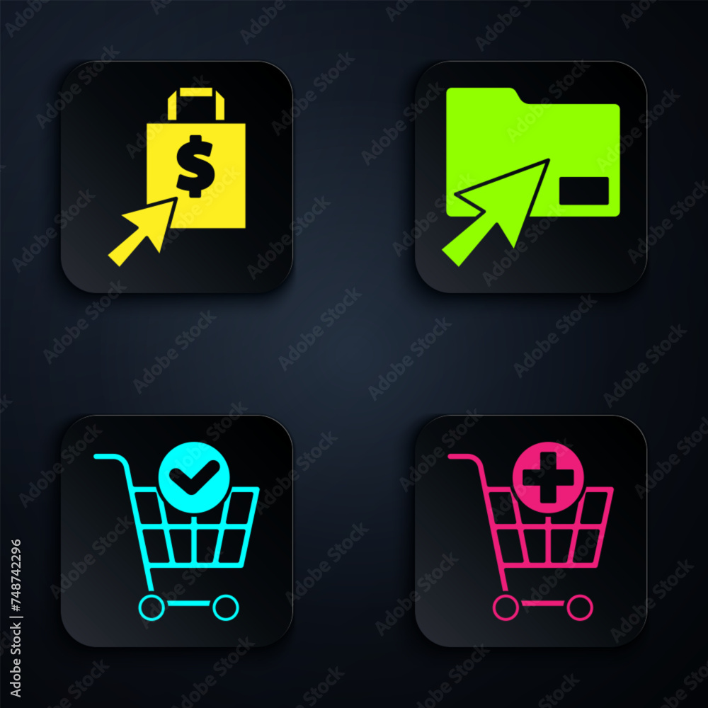 Poster set add to shopping cart, shoping bag and dollar, shopping cart with check mark and cursor click doc