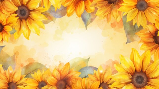 Sunflowers frame greeting card template with copy space, double exposure, warm bright colors