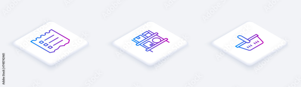 Poster set isometric line shopping list, warehouse interior with boxes and basket. white square button. vec