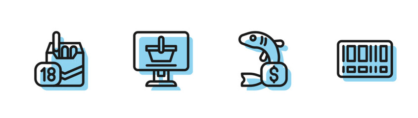 Set line Price tag for fish, Cigarettes pack box, Shopping cart on computer and Barcode icon. Vector