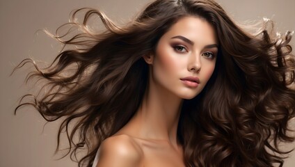 A model exudes natural elegance, her glossy brown hair flowing sleekly, complemented by her radiant, smooth skin, epitomizing hair and skincare excellence Generative AI