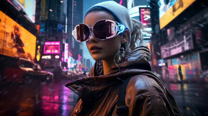 Fototapeta premium young women with augmented reality glasses in the neon city at night