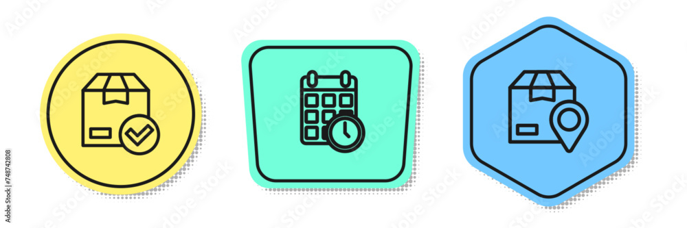 Poster set line ackage box with check mark, cardboard calendar and location cardboard. colored shapes. vect