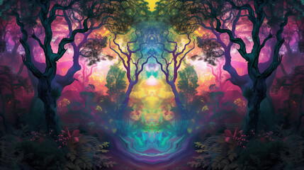 Fototapeta na wymiar psychedelic art of colorful forest