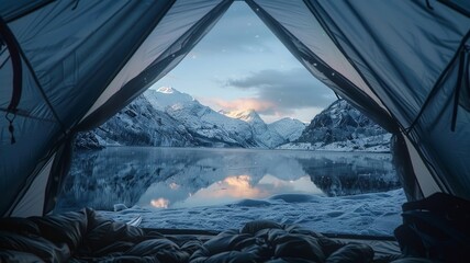 Winter camping scene from inside a tent with a view of snowy mountains at dawn