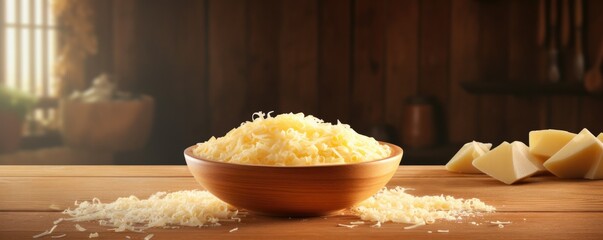 Freshly grated parmesan cheese in a bowl for pasta and spaghetti, panorama. Generative Ai. - obrazy, fototapety, plakaty