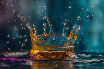Dynamic gold water crown splash with reflective droplets on a gradient blue background