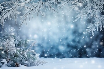 Nature's Winter Wonderland: New Year Holiday Concept with Christmas Tree Branch Border and Abstract Snowy Background