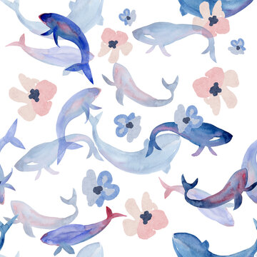 seamless pattern with dolphins, whale and flowers. Hand drawn watercolor illustration. 