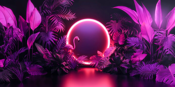 scène de présentation avec cercle de néon rose, flamant rose et feuillages tropicale