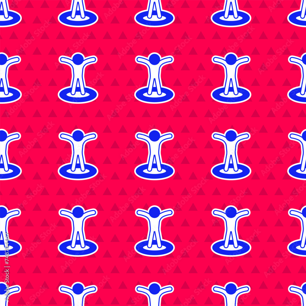 Poster blue map marker with a silhouette of a person icon isolated seamless pattern on red background. gps 