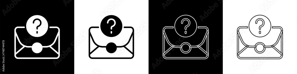 Poster set envelope with question mark icon isolated on black and white background. letter with question ma