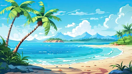 Fototapeta na wymiar Sandy Tropical Beach with Stunning Island Backdrop and Lush Palm Leaves - A Perfect Summer Day on the Seashore