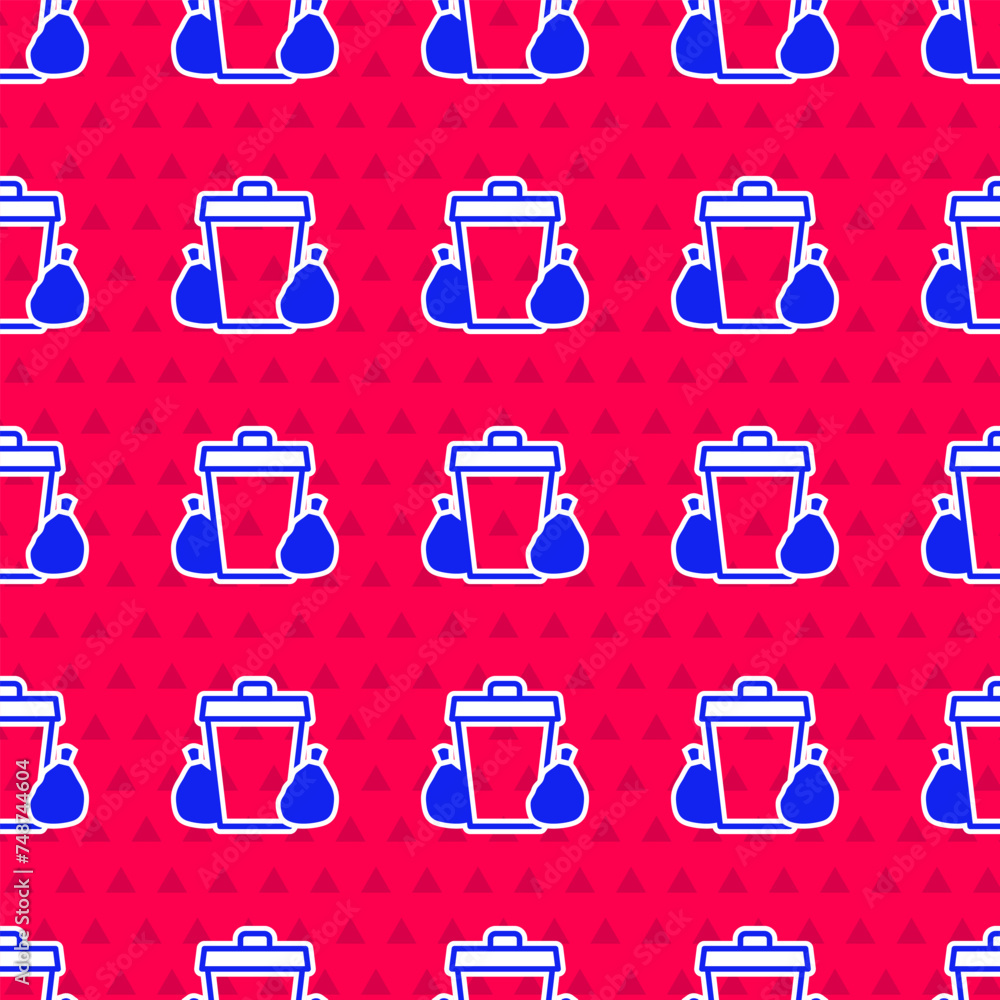Poster blue trash can icon isolated seamless pattern on red background. garbage bin sign. recycle basket ic