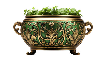 Antique Brass Planter Elegance in Green on transparent background