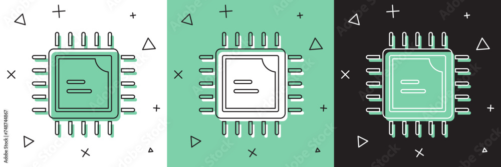 Aufkleber Set Computer processor with microcircuits CPU icon isolated on white and green, black background. Chip or cpu with circuit board. Micro processor. Vector