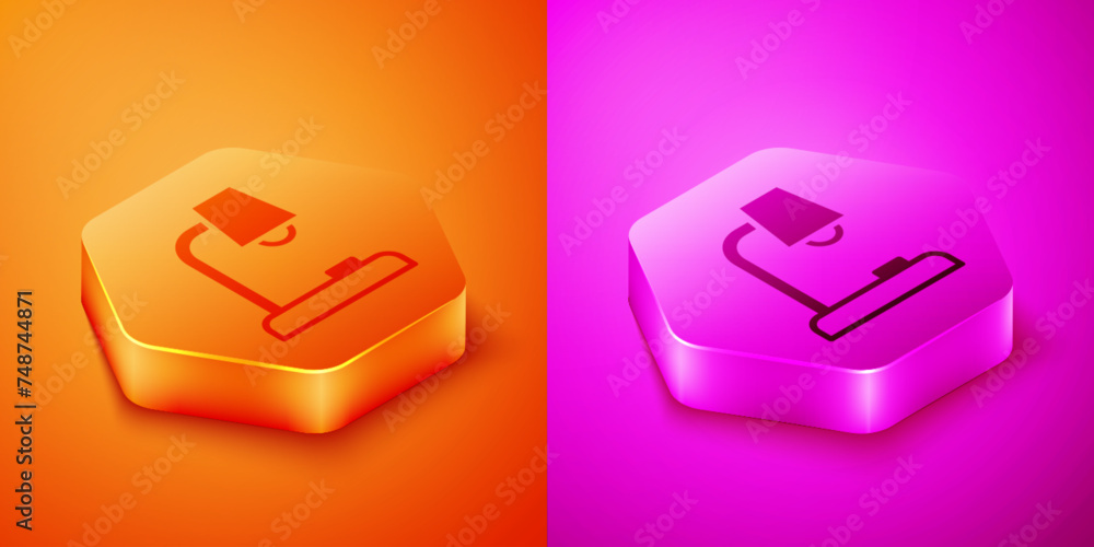 Poster isometric table lamp icon isolated on orange and pink background. hexagon button. vector