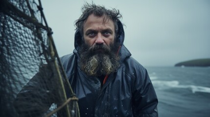 Obraz premium The fisherman catches fish in the sea. Hard work. Fishing net, boat, sea, fish.