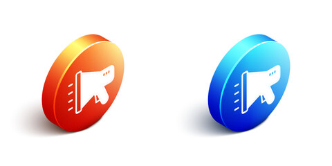 Isometric Megaphone icon isolated on white background. Speaker sign. Orange and blue circle button. Vector