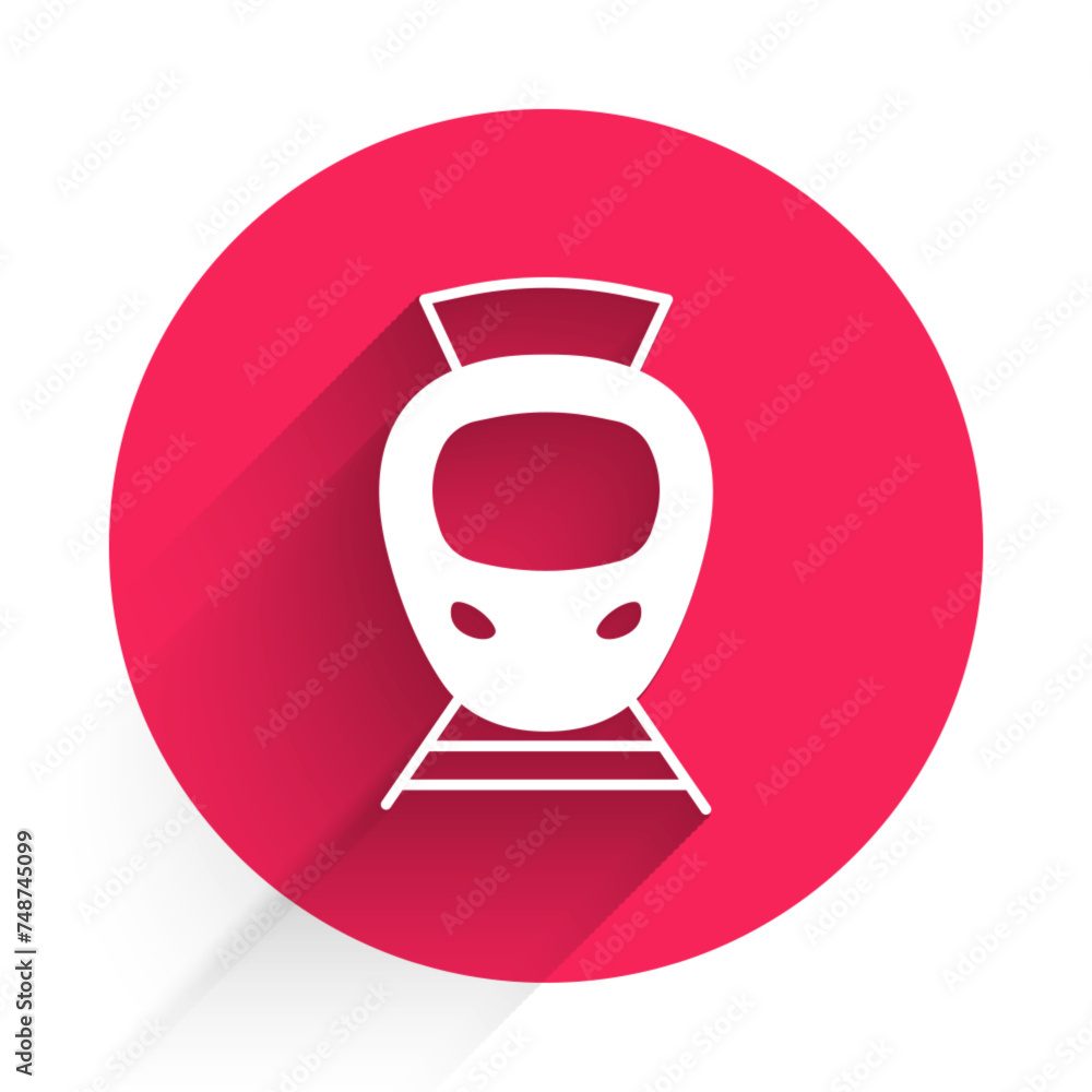 Poster white tram and railway icon isolated with long shadow background. public transportation symbol. red 