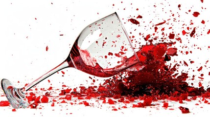 a close up of a wine glass with red wine spilling out of it and spilled on top of the glass. - obrazy, fototapety, plakaty
