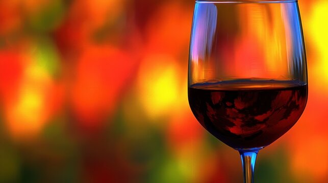a close up of a wine glass with red wine in front of a blurry background of oranges and yellows.