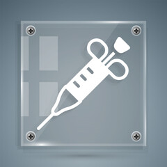 White Syringe icon isolated on grey background. Syringe for vaccine, vaccination, injection, flu shot. Medical equipment. Square glass panels. Vector