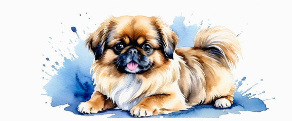 Cute pekinese puppy. Portrait of a brachycephalic brown dog. Isolated on a white background. Animal illustration in watercolor style.