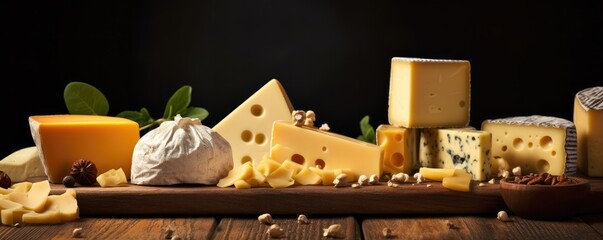 Delicious pieces of different types of luxury cheese, panorama cheese wallpaper. Generative Ai.