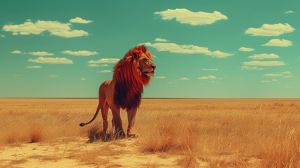 a lion standing in the middle of a dry grass field with a blue sky and white clouds in the background.