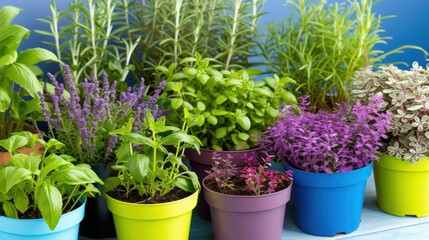 a group of potted plants sitting next to each other on top of a blue wooden table in front of a blue wall.