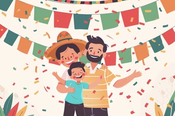 A vibrant illustration of a Hispanic father and child, with a sombrero, enjoying a festive moment under colorful pennants, embodying the joy of family and cultural celebrations.