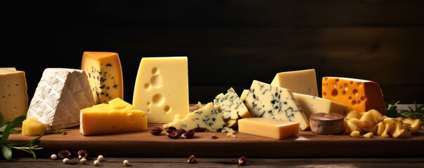 Delicious pieces of different types of luxury cheese, panorama cheese wallpaper. Generative Ai.