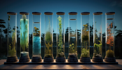 Test tubes and other laboratory glassware with various plants - obrazy, fototapety, plakaty