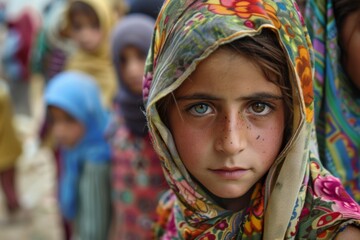 A young girl with a floral headscarf and piercing eyes stands out in a crowd, her expression telling a story of resilience and hope.