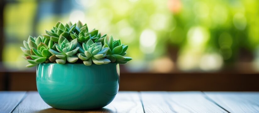 A small green potted plant is placed on a wooden table, adding a touch of nature to the cafes decor. The succulents vibrant leaves contrast beautifully with the rustic wood surface.