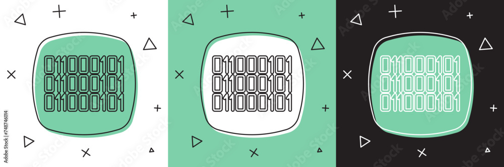 Poster set binary code icon isolated on white and green, black background. vector