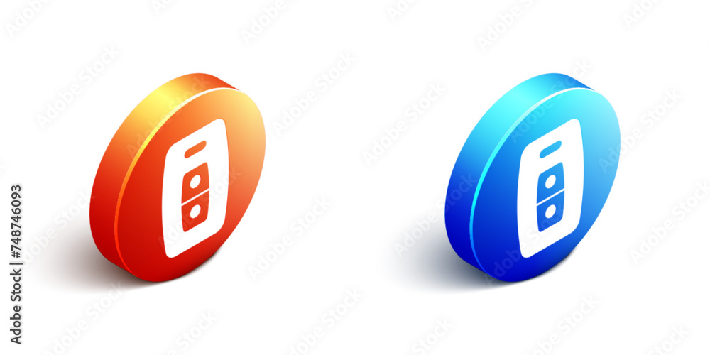 Poster isometric car key with remote icon isolated on white background. car key and alarm system. orange an