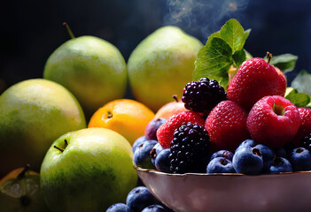 Still life with fruit. Fresh fruits and vegetables, apples, blueberries, strawberries, grapes,...