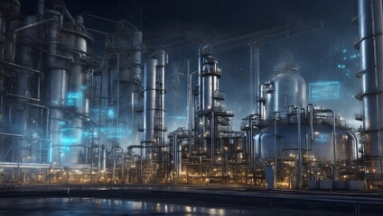 Futuristic wide banner of an oil and gas refinery, storage tanks in view, with a holographic HUD overlay of demand and price charts symbolizing industry insights Generative AI