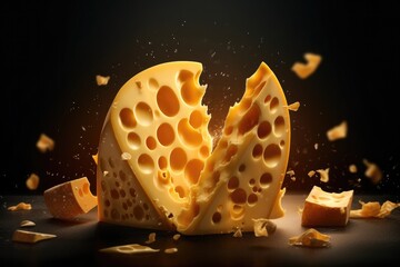 Delicious pieces of luxury cheese with holes flowing on dark background Generative Ai